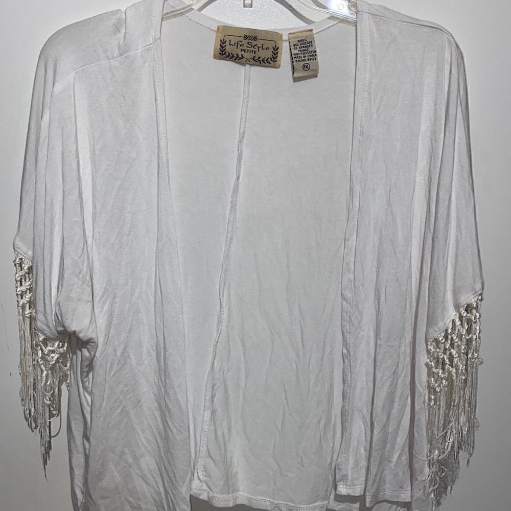 Life Style Women's Knotted Fringe String Open Front Beach White Cardigan Size PS